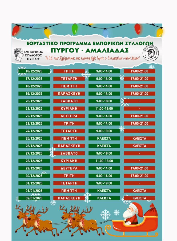 Το εορταστικό ωράριο των Εμπορικών Συλλόγων Πύργου-Αμαλιάδας
